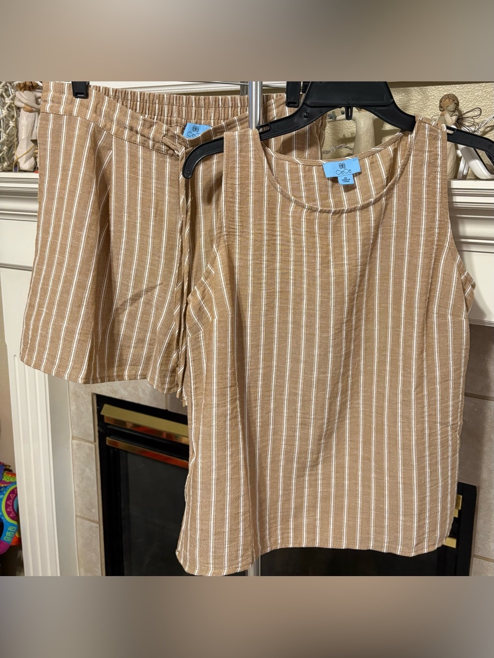 CeCe Tan & White Striped Tank Top Short Set